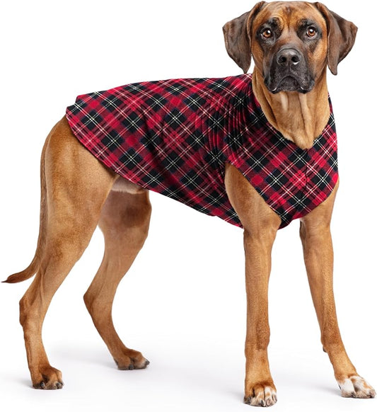 Stretch Fleece Dog Coat, Stretchy Pet Sweater, Machine Washable Pullover for Winter and Fall, Red Classic Plaid, 26