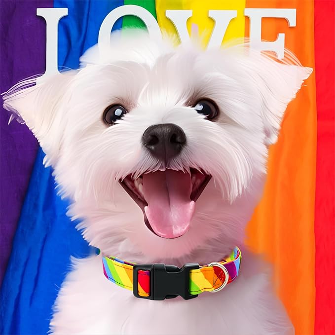 Tunkoo Rainbow Dog Collar, Cute Adjustable Striped Collar for LGBT Pride Month, Dog Collar with Strong Plastic Buckle - for Small Medium Large Pets, L