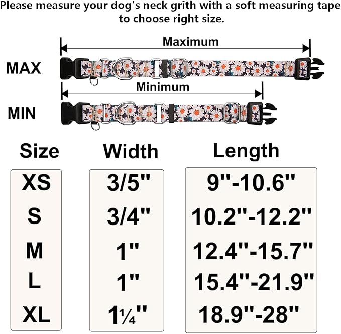 Quick Release Dog Collar Martingale Adjustable Nylon Soft Flower Dog Collars with Buckle (Daisy,XLarge)