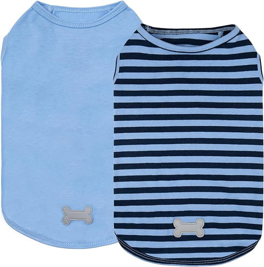 KYEESE 2Pack Dog Shirts Striped T Shirt Soft Tee for Small Dogs Cotton Tank Top Clothes Lightweight Sleeveless Dog Vest, X-Large,Dark Blue+Striped