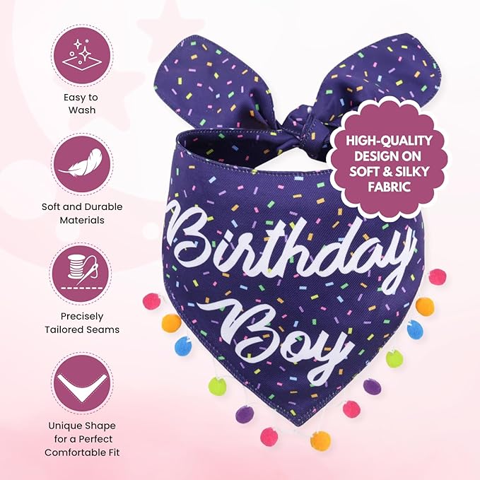 Luxury Pet Birthday Bandanas -Premium & Silky Poly Fabric | 100% Handmade | Custom Shape Dual Layered (Birthday Boy, X-Small)