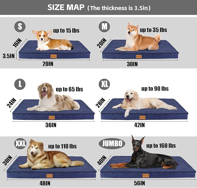 Patas Lague Orthopedic XL Dog Bed for Large Dogs 42''X28'', Soft Comfortable Waterproof Egg Crate Foam Big Large Pet Beds Mat with Removable Washable Cover, Navy Blue