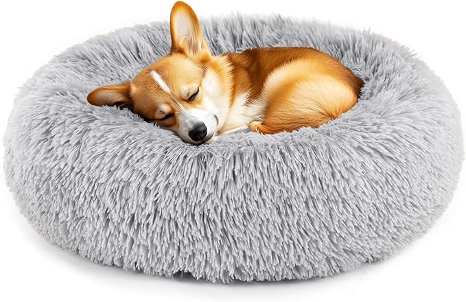 DUMOS Calming Donut Cat & Dog Bed for Small Dogs, Machine Washable Cuddle Warming Cozy Fluffy Faux Fur Plush Round Dog Bed, Anti-Anxiety Waterproof Anti-Slip Pet Bed, Grey, 20×20×8 Inches