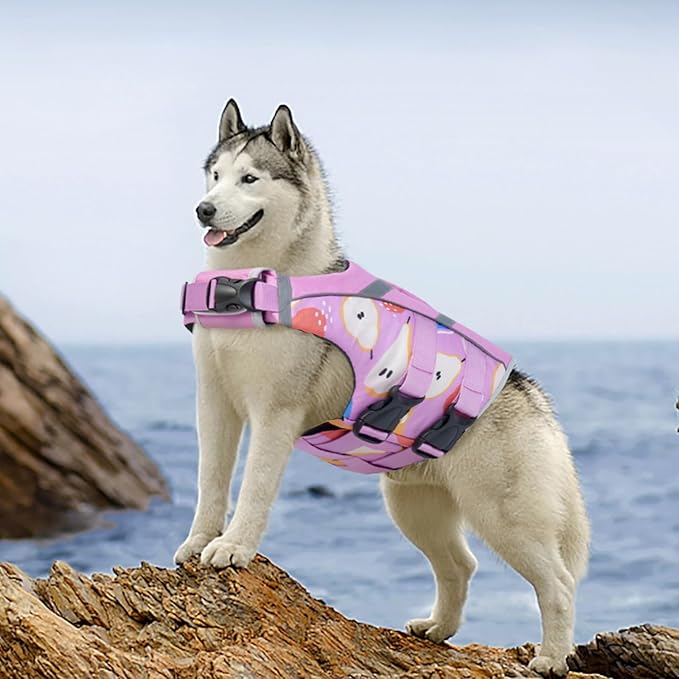 Kuoser Dog Life Jacket with Reflective Stripes, Puppy Water Vest for Swimming Boating, Adjustable High Visibility Dog PFD Vest with High Flotation Swimsuit, Pear M