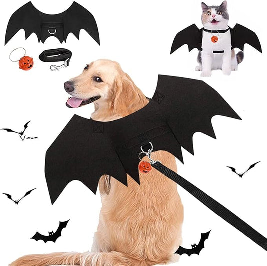 Dog Bat Wings Costume Halloween Pet Costume 3PCS Funny Cat Dog Wings with Leash Pumpkin Jingle Bell Cosplay Bat Clothes for Small Medium Large Dogs Puppy Holiday Outfit Dress