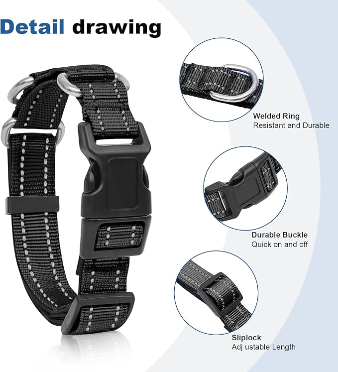Reflective Martingale Dog Collars. Dog Collar with Quick Release Buckle. Adjustable Soft Padded Breathable Nylon Pet Collar Suitable for Puppies for Small Medium Large Dogs.