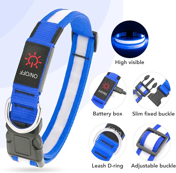 Vizpet LED Dog Collar, Light Up Dog Collar Adjustable USB Rechargeable Super Bright Safety Light Glowing Collars for Dog(Large,Blue)