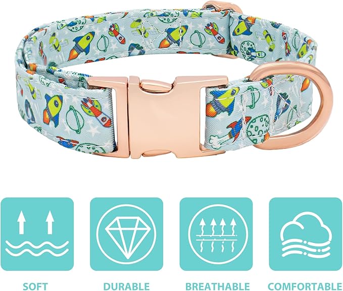 Dog Collar and Leash Set Adjustable Girls Puppy Floral Collars with Bow Tie for Small Medium Large Dogs(S, Rocket)