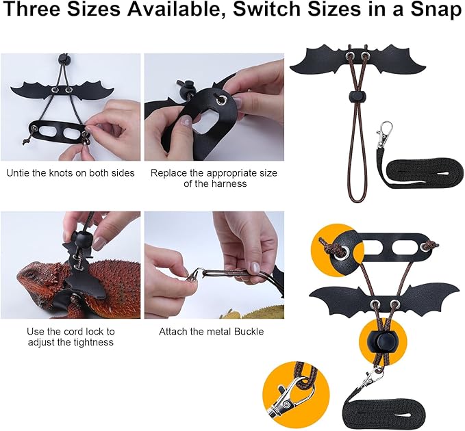 Bearded Dragon Harness and Leash Set, Adjustable Harness Soft Leather-3 Sizes (S, M, L) with Black Wing, Upgrade Lizard Reptile Leash for Bearded Dragon, Lizard, Iguana or Gecko