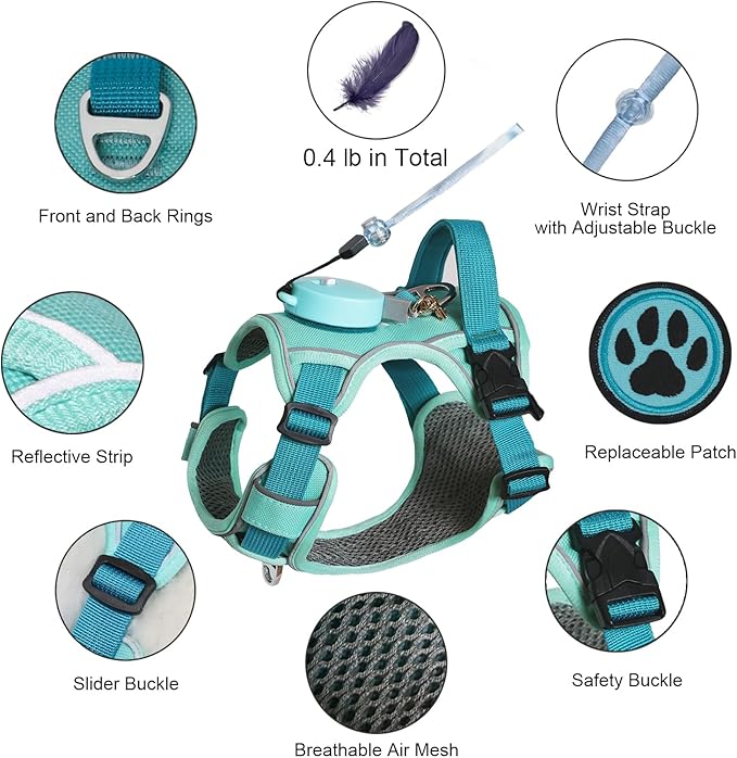 Dog Harness for Small Dogs up to 16lbs, 3-in-1 No Pull Lightweight Harness with 6.6ft Retractable,Wearable Leash Set,Front Clip,Handle,Reflective Dog Vest with Patch,Wrist Strap,Free Hand Leash-Blue