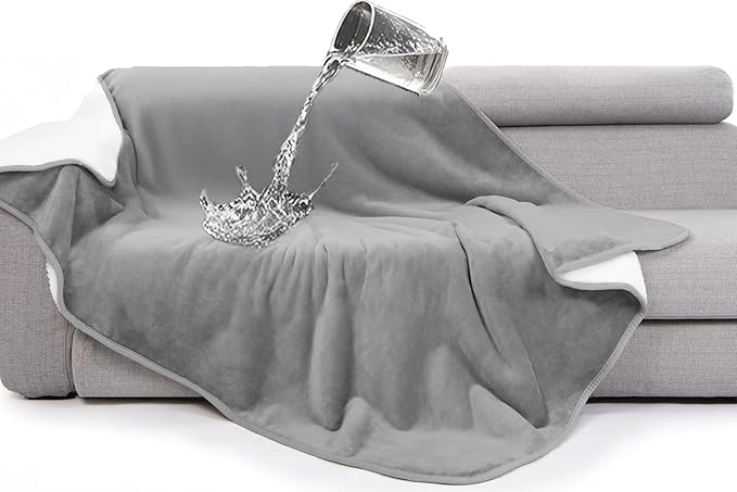 gogobunny Waterproof Bed Blanket, Reversible Sherpa Fleece Throw Blanket for Dog Puppy Cat, Furniture Cover Protects Bed Couch Sofa from Liquid Pee and Pet Fur (Grey, 50x60 inches)