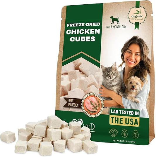 Beloved Pets Dog & Cat Treats Freeze Dried Chicken Cubes 5.5 oz - All Natural Meat Raw Pet Food - Human Grade High-Protein Snacks & Grain-Free Jerky Chews for Cats and Small Dogs
