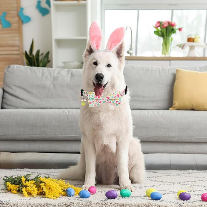 ADOGGYGO Easter Dog Collar with Detachable Bow, Adjustable Easter Bunny Bowtie Collar for Small Medium Large Dogs (Large)