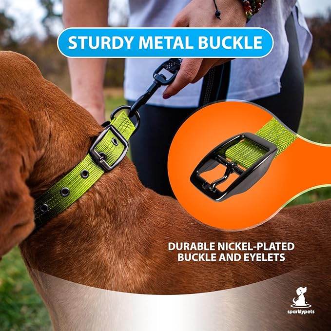 SparklyPets Heavy Duty Dog Collar with Handle for Medium and Large Dogs – Professional Collar with Reflective Stitches, Soft Handle & Nickel-Plated Buckle (Medium (14,5"~18,5"), Green)