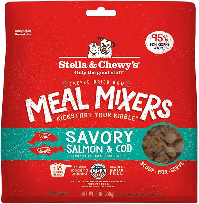Stella & Chewy's Freeze-Dried Raw Salmon & Cod Meal Mixers- Dog Food Topper and Mixer - Made with 95% Wild-Caught Salmon & Cod, Organs & Bone - Perfect for Picky Eaters - Grain-Free - 8 oz