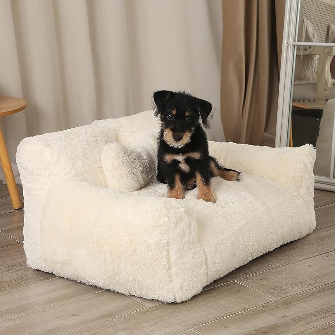 Fluffy Cat Couch, Small Dog Bed with Bone Shaped Pillow, Anti-Anxiety Pet Bed with Washable Cover, Cream