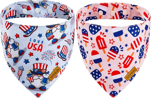 4th of July Dog Bandanas with Snap Button, 2 Pack American Flag Pet Scarf for Boy & Girl, Premium Durable Fabric, Adjustable Fit, Patriotic Bandana for Small Dogs (Small)