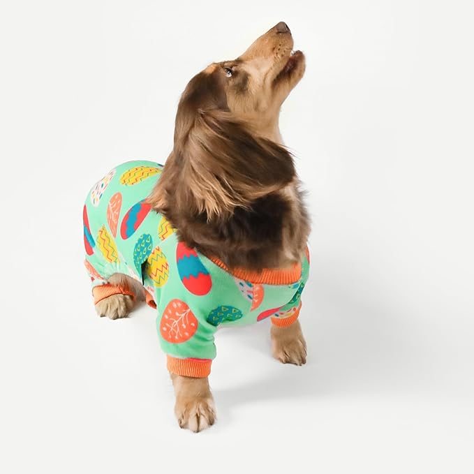 Fitwarm Easter Egg Dog Pajamas, Holiday Dog Clothes for Small Dogs Girl Boy, Pet Easter Outfit, Puppy Cat Onesie, Lightweight Velvet, Light Green, Orange, Medium