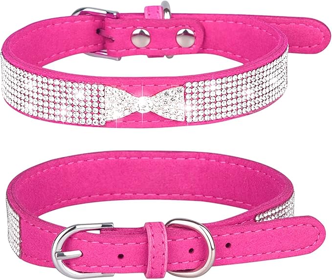 Rhinestone Dog Collar, Cute Dazzling Sparkling Soft Suede Leather Dog Cat Rhinestone Collar Crystal Diamond Pet Dog Puppy Collar (L, Hot Pink-2)