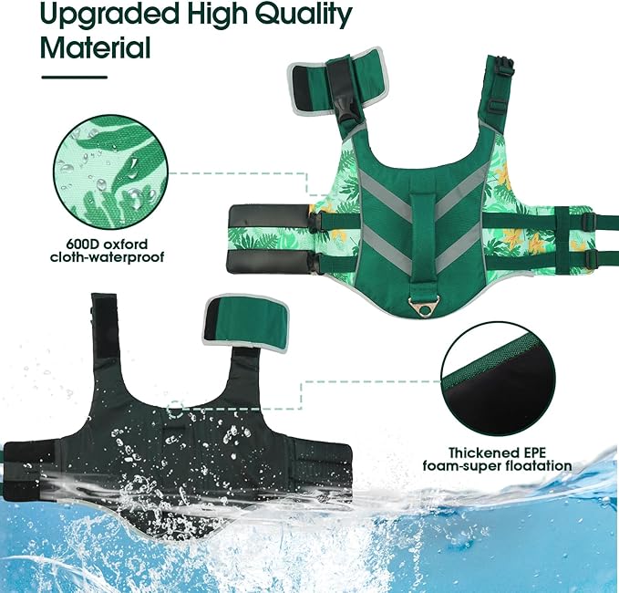 Kuoser Dog Life Jacket (DarkGreen, Large) - Adjustable High Visibility Ripstop Vest with Reflective Stripes, Top Handle & Leash Hook for Medium Breeds, Water Resistant, 33+ lbs