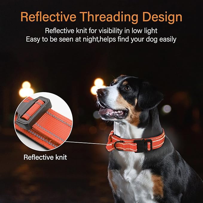 KCUCOP Tactical Dog Collar for Medium & Large Dogs - Military Nylon Heavy Duty Collar with Handle, Reflective Strip & Metal Buckle for Training, Outdoor (Orange Reflective, Medium)