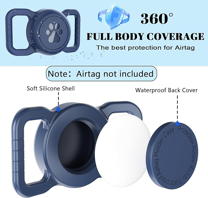 SANKALA Airtag Dog Collar Holder, [1 Pack] Waterproof Dog Airtag Holder, Silicone Full Body Covered Anti-Lost Protective Apple Air Tag Holder for Pet Collar - Fits All Width Collars, Blue