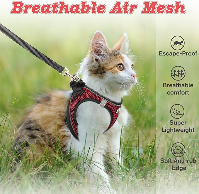 Cat Harness and Leash for Walking Escape Proof, Adjustable Kitten Vest Harness Reflective Soft Mesh Puppy Harness for Outdoor, Comfort Fit, Easy to Control (Red, XXS)