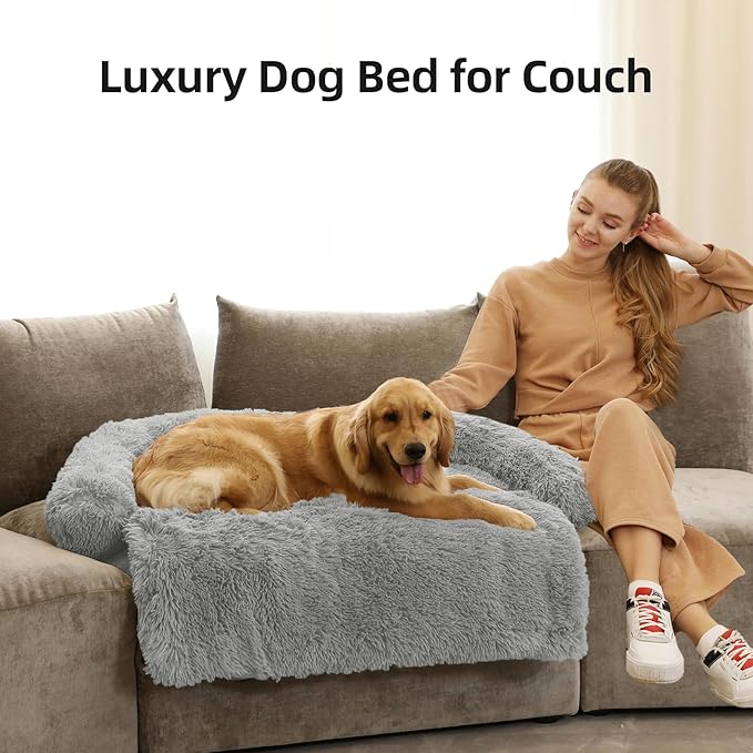 Calming Dog Bed Fluffy Plush Dog Mat for Furniture Protector with Removable Washable Cover for Large Medium Small Dogs and Cats (Extra Large (53x39.3x6), Grey)
