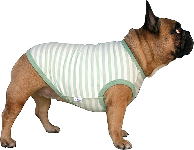 iChoue French Bulldog 100% Breathable Cotton Striped T Shirts Halloween Vest Clothes for Medium Dogs Tank Tops Puppy Frenchie Pug English Boston Terrier Pitbull Green White Stripes - Large Plus