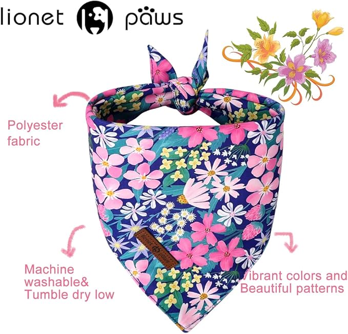 Lionet Paws Summer Floral 2pcs Dog Bandanas, Pink Daisy Dog Scarf Bib Premium Fabric, Blue Blossoms Bandanas for Small Dogs Pets