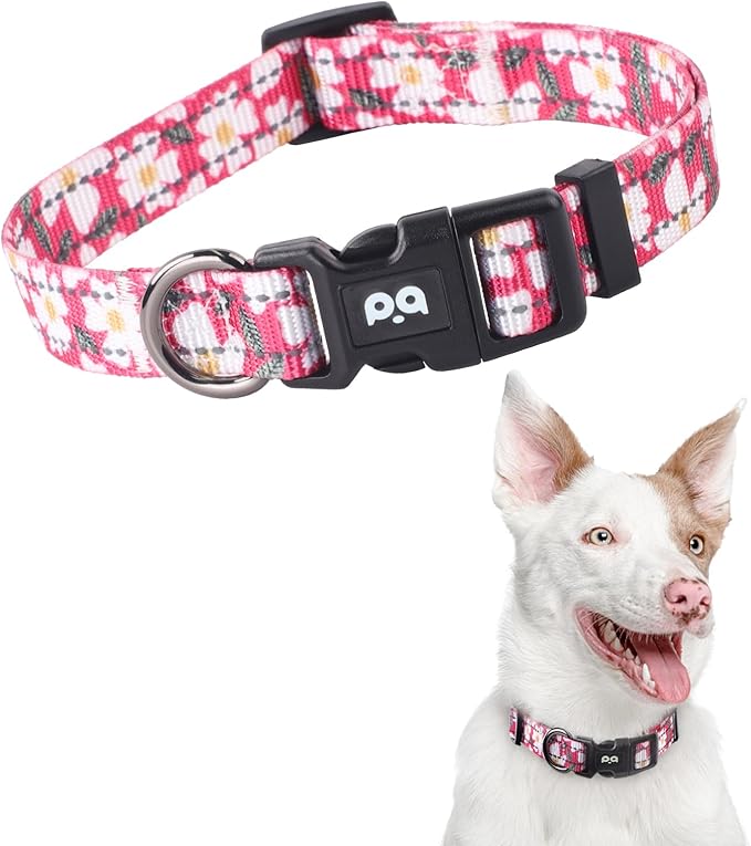 Dog Collar Cute Flower, Reflective Adjustable Basic Collars for Girl Female Small Medium Large Dogs Walking Running(Large,Pink)