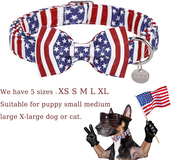 Dog Collar with Bow Tie, 4th of July Comfortable Cotton Dog Collar, American Flag Collar for Small Girl Boy Dog, Patriotic Bowtie Collar with Metal Buckle, S