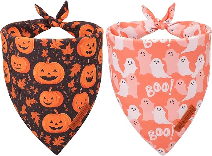 ADOGGYGO Halloween Dog Bandana, Pumpkin Ghost Pet Scarf, Orange Black Halloween Bandanas for Small Dogs Puppies (Small)