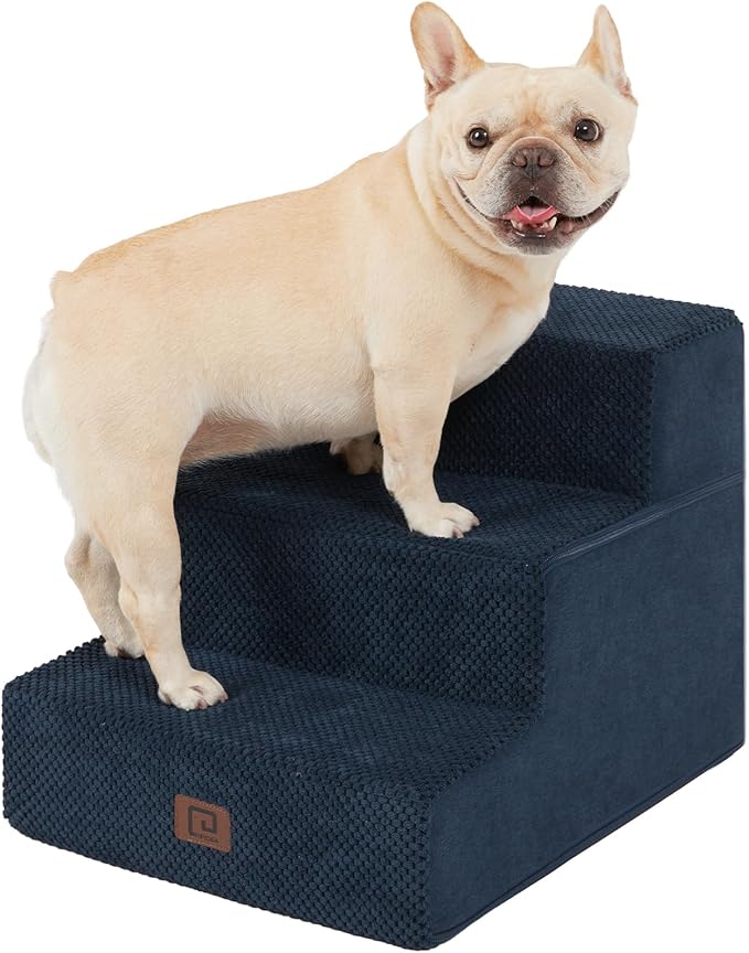 EHEYCIGA Dog Stairs for Small Dogs 13.5" H, 3-Step Dog Steps for Couch Sofa and Chair, Pet Steps for Small Cats, Non-Slip Balanced Pet Ramp Indoor, Navy Blue