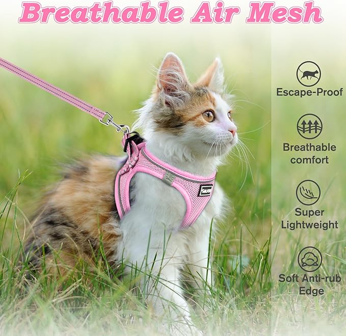 Cat Harness and Leash for Walking Escape Proof, Adjustable Kitten Vest Harness Reflective Soft Mesh Puppy Harness for Outdoor, Comfort Fit, Easy to Control (NPink, XS)