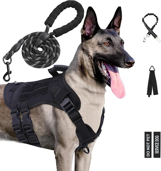 No Pull Tactical Dog Harness for Small Dogs, Escape Proof Molle Dog Vest Harness and Leash Set, Adjustable Military Service Dog Harness with Handle for Medium Large Dogs(Black, M)