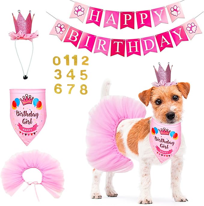 ADOGGYGO Dog Birthday Hat Bandana Girl - Puppy Birthday Party Supplies - Pink Puppy Tutu Hat Scarf Banner Set for Small Dogs (Small)