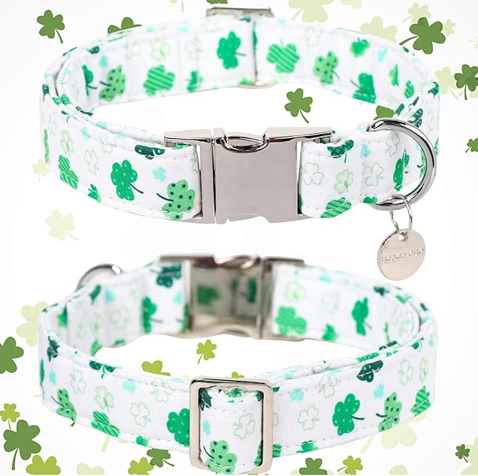 St. Patrick's Dog Collar, Cotton St. Patricks Clover Collar for Puppy Girl Boy Dog or Cat, Lucky Shamrock Dog Collar with Metal Buckle, Green, Spring, M