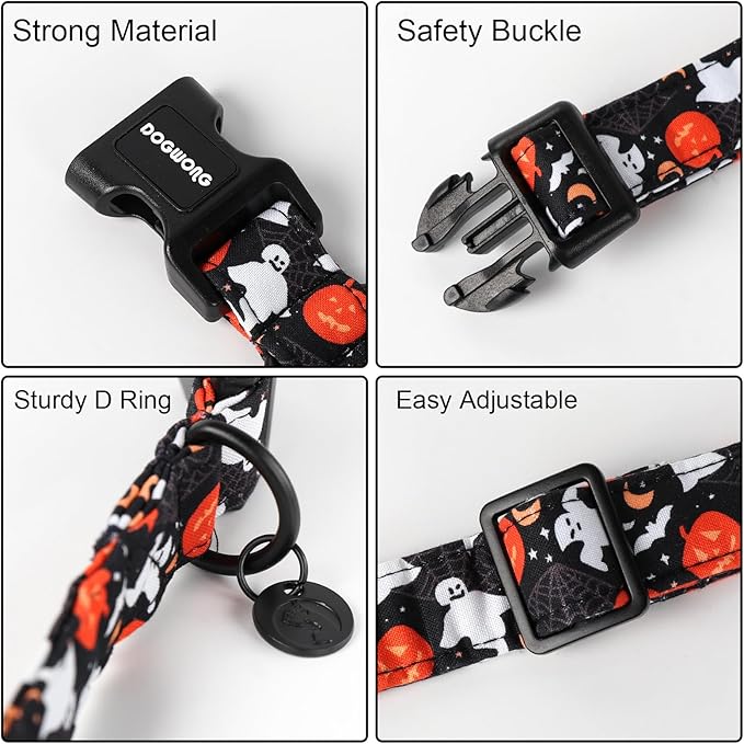 DOGWONG Cotton Dog Collar, Heavy-Duty Fall Dog Collar Durable Soft Fabric Pet Dog Collars Cute Halloween Puppy Necklace for Small Medium Large Dogs