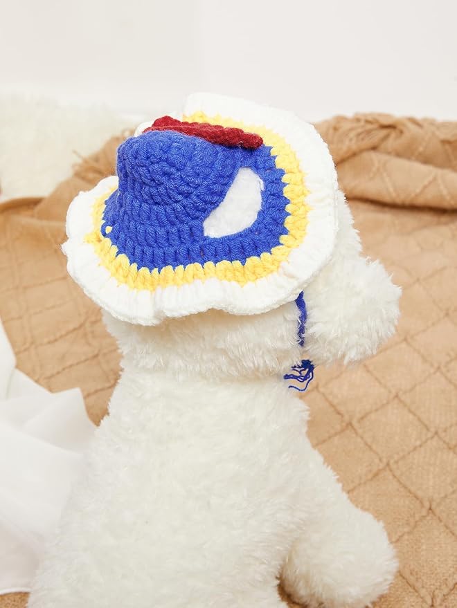 QWINEE Cartoon Princess Design Knit Cute Dog Hat Soft Cat Hat Rabbit Hat Halloween Christmas Party Costume Head Wear Accessories for Puppy Cat Kitten Small Dogs Small Animals Dark Blue M