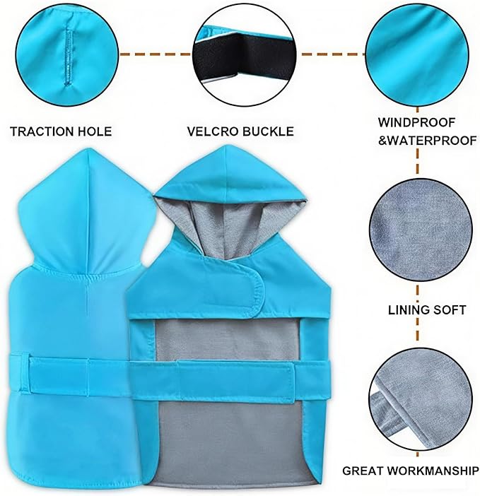 Dog Raincoat Small Dog Rain Jacket Poncho Waterproof Pet Rain Suit Double Layer Cotton Lining Hooded Leash Hole Adjustable Puppy Small Dogs Cats,Blue,XS