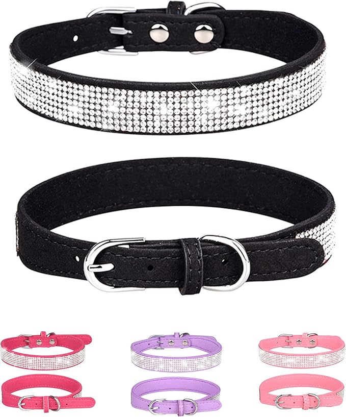 Dog Collar for Large Dogs, Adjustable Leather Suede Bling Dog Collars，Black Dog Collar Cat Collar, Rhinestone Dog Collar (L, Black)