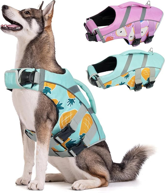 Kuoser Dog Life Jacket Large Breed, XXL Dog Life Vests for Swimming Boating, Reflective Dog Water Vest with High Flotation, Dog Swim Vest for Large Dogs, Pineapplenk XXL
