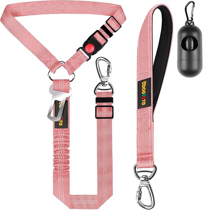 Dog Seat Belt Harness for Car, Dog Car Leash with Car Headrest & Buckle, Reflective Short Dog Leash, Pet 15 Inch Heavy Duty Leash for Dogs with Padded Handle & Locking Carabiner Clip, Pink