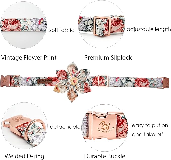Elegant Little Tail Vintage Floral Dog Collar with Flower, Comfortable Dog Collar for Small, Medium, Large Dogs