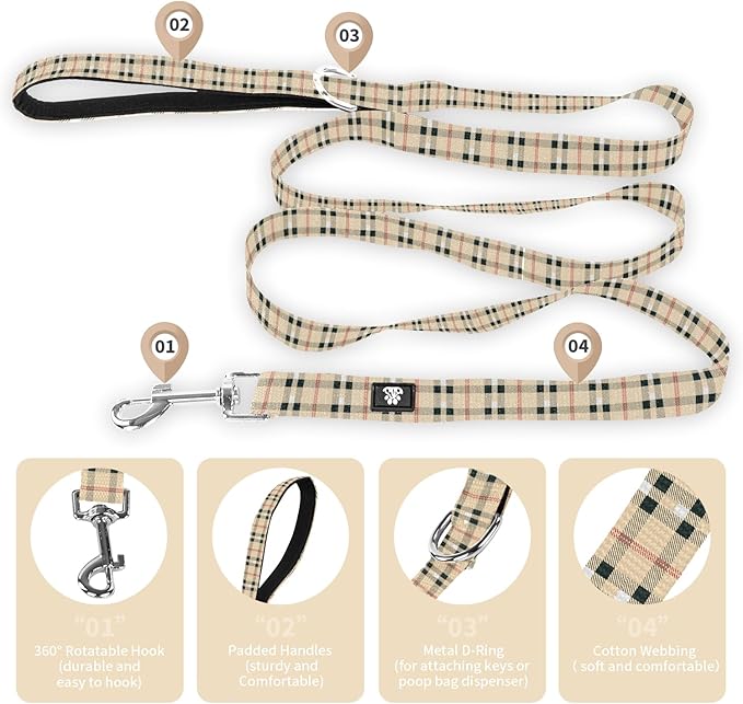 NESTROAD Dog Collar and Leash Set,Durable Leather Pet Collar with Quick Release Buckle,Adjustable Nylon Dog Collars for Small Medium Large Dogs(Large Collar+ 5FT Leash,Cherecked Beige)