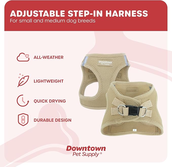 Downtown Pet Supply Step in Dog Harness for Small Dogs No Pull, Small, Khaki - Adjustable Harness with Padded Mesh Fabric and Reflective Trim - Buckle Strap Harness for Dogs