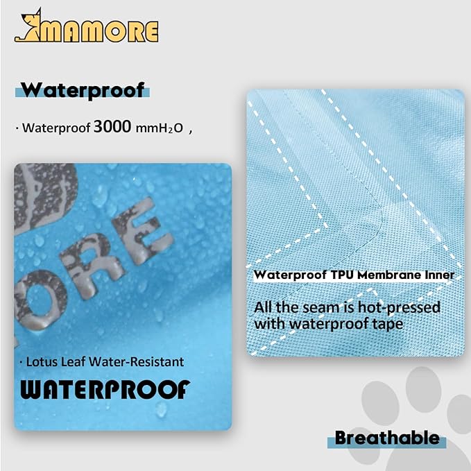 MAMORE Dog Raincoat Hooded Rain Jacket for Small Medium Large Dogs Slicker Poncho Bottom Waterproof Adjustable Reflective Breathable Leash Hole (Blue, XXX-Large)