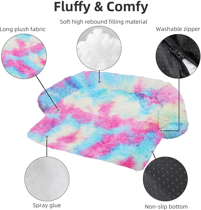 Calming Dog Bed Fluffy Plush Dog Mat for Furniture Protector with Removable Washable Cover for Large Medium Small Dogs and Cats (Medium, Rainbow)