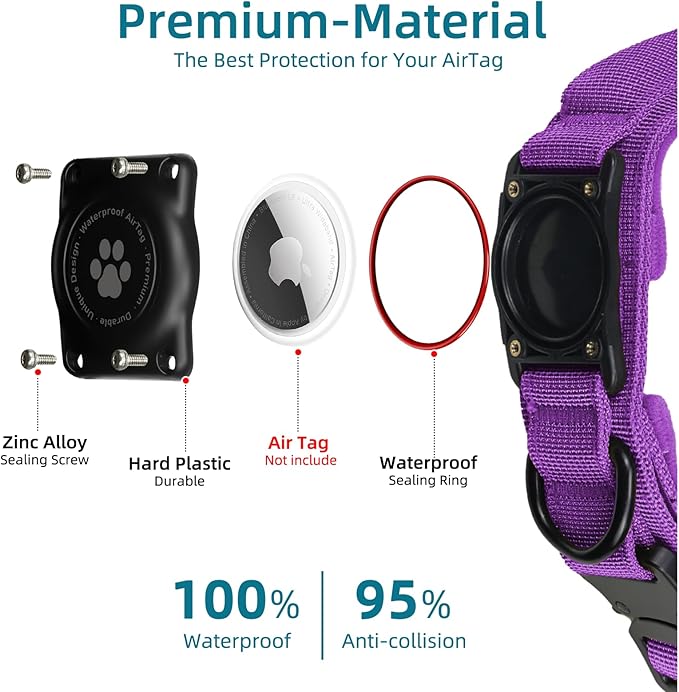 Tactical AirTag Dog Collar, 100% Waterproof Integrated Apple Air Tag Dog Collars with Hard PC AirTag Holder, Adjustable Military Collar with Handle, GPS Dog Collar for Medium Large Dogs